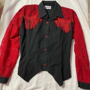 Women’s western style button up shirt. Black body with red fringe S-M